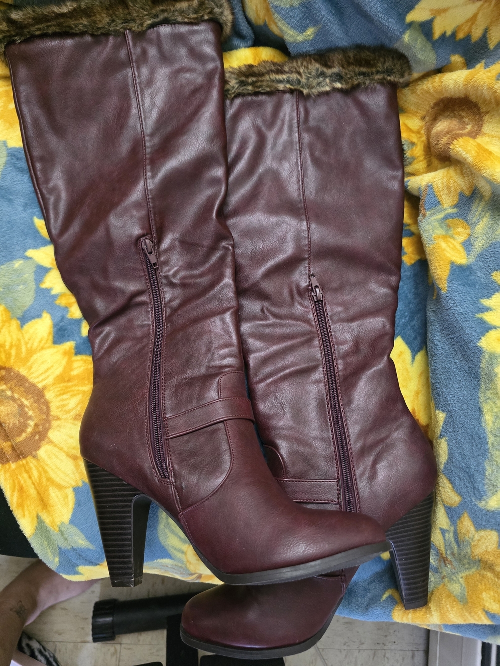 JustFab Burgundy Faux-Fur Trim Knee-High Heeled Boots